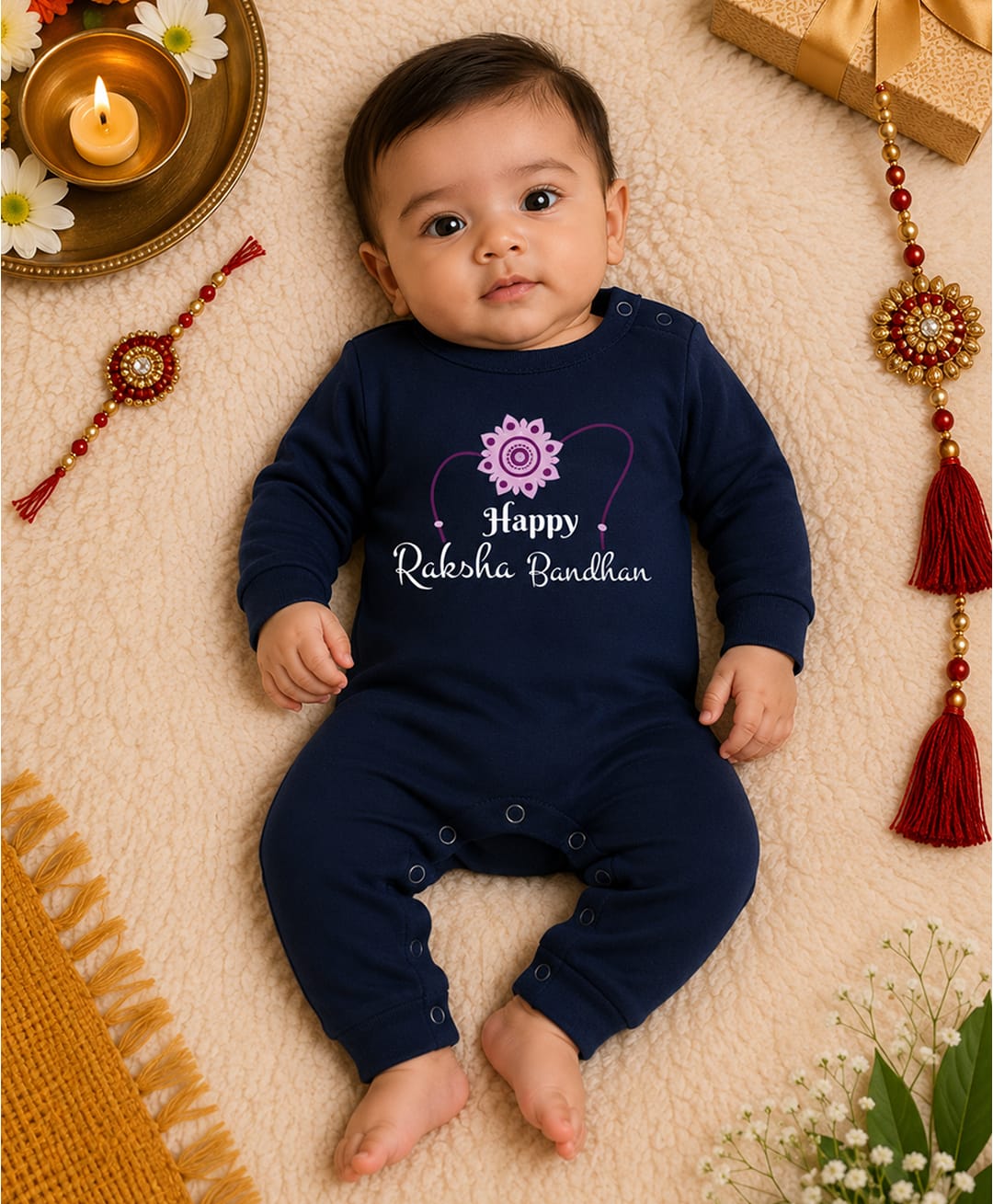 BLUSHES 100% Cotton Knit Raksha Bandhan Theme Full Sleeves Happy Raksha Bandhan Text Printed Romper - Navy Blue-picture-23