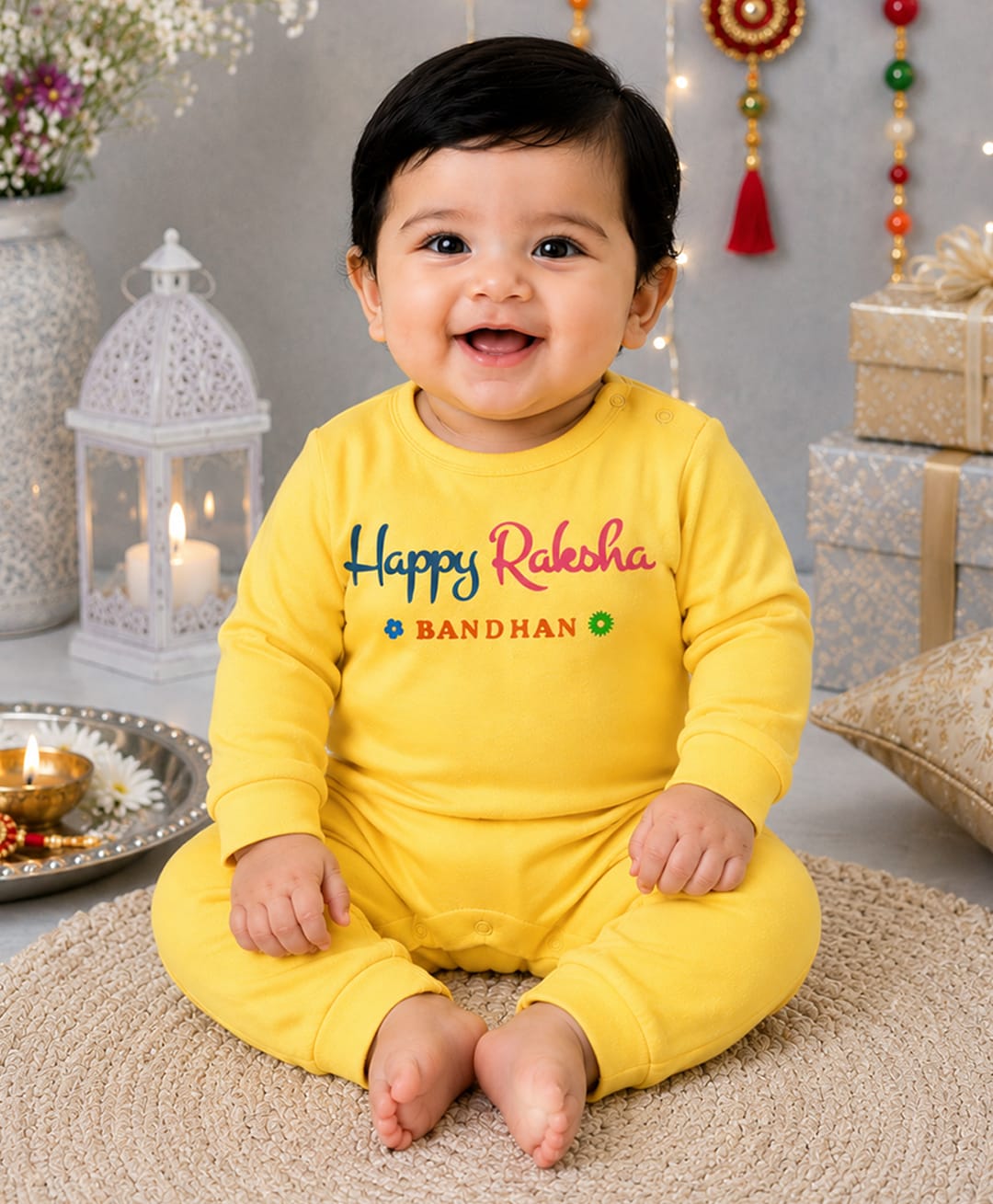 BLUSHES 100% Cotton Knit Raksha Bandhan Theme Full Sleeves Happy Raksha Bandhan Text Printed Romper - Yellow-picture-24