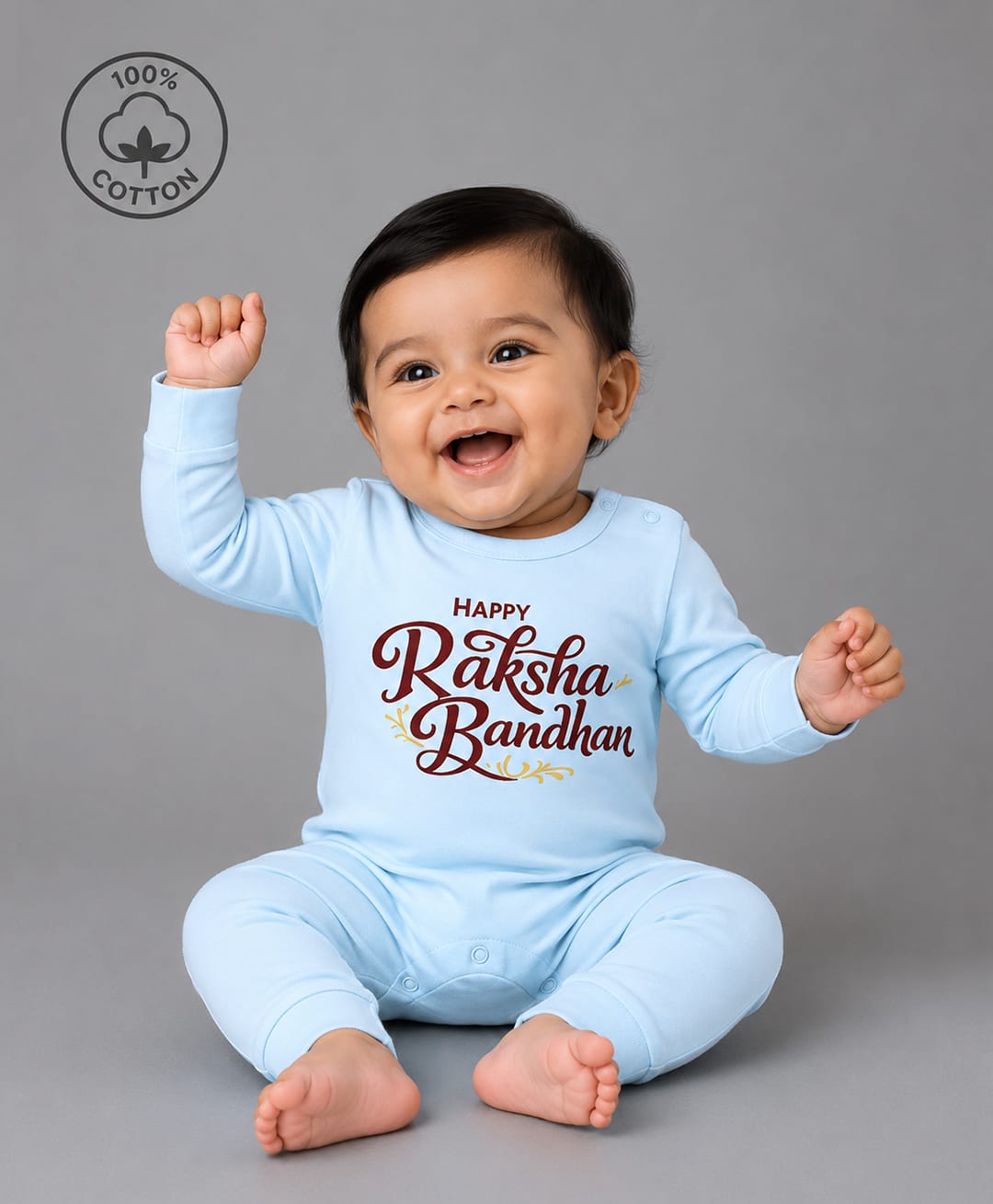 BLUSHES 100% Cotton Knit Raksha Bandhan Theme Full Sleeves Happy Raksha Bandhan Text Printed Romper - Aqua Blue-picture-30