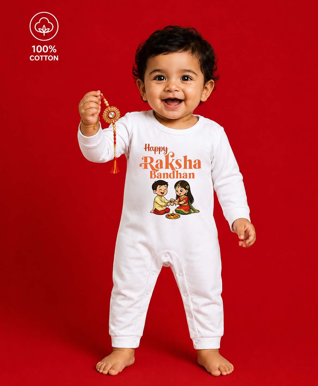 BLUSHES 100% Cotton Knit Raksha Bandhan Theme Full Sleeves Happy Raksha Bandhan Text Printed Romper - White-picture-13