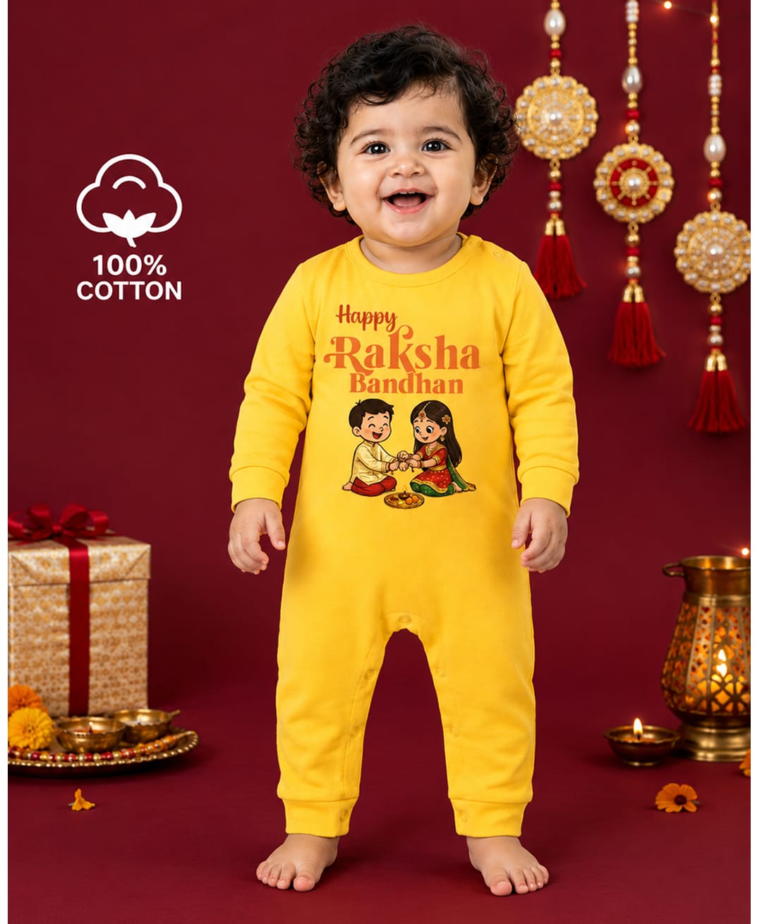 BLUSHES 100% Cotton Knit Raksha Bandhan Theme Full Sleeves Happy Raksha Bandhan Text Printed Romper - Yellow-picture-12