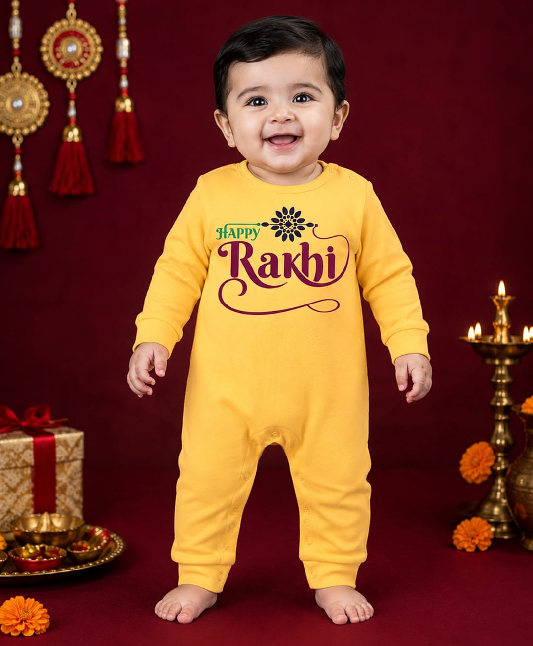 BLUSHES 100% Cotton Knit Raksha Bandhan Theme Full Sleeves Happy Rakhi Text Printed Romper - Yellow-image-35