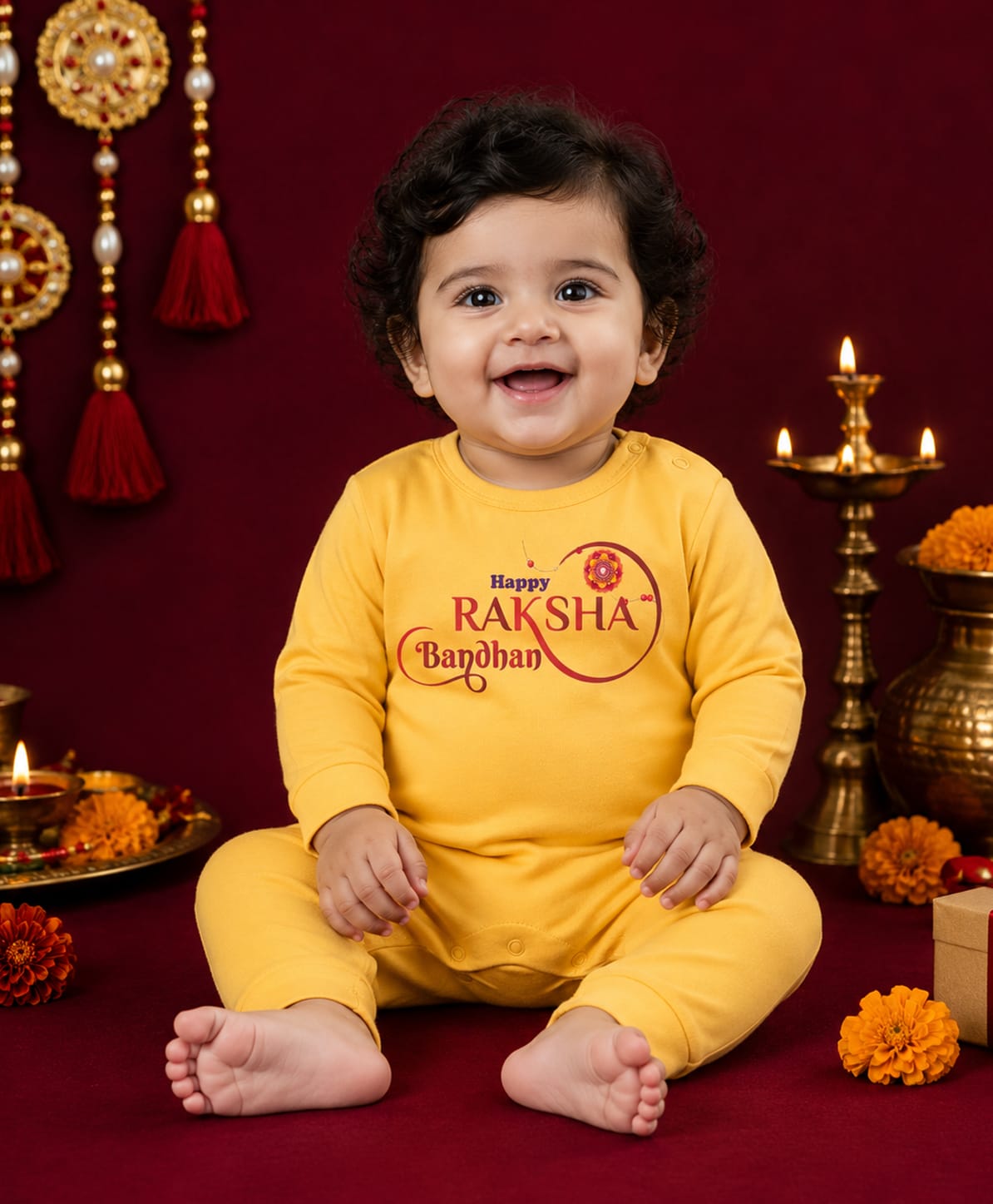 BLUSHES 100% Cotton Knit Raksha Bandhan Theme Full Sleeves Happy Raksha Bandhan Text Printed Romper - Yellow-picture-7