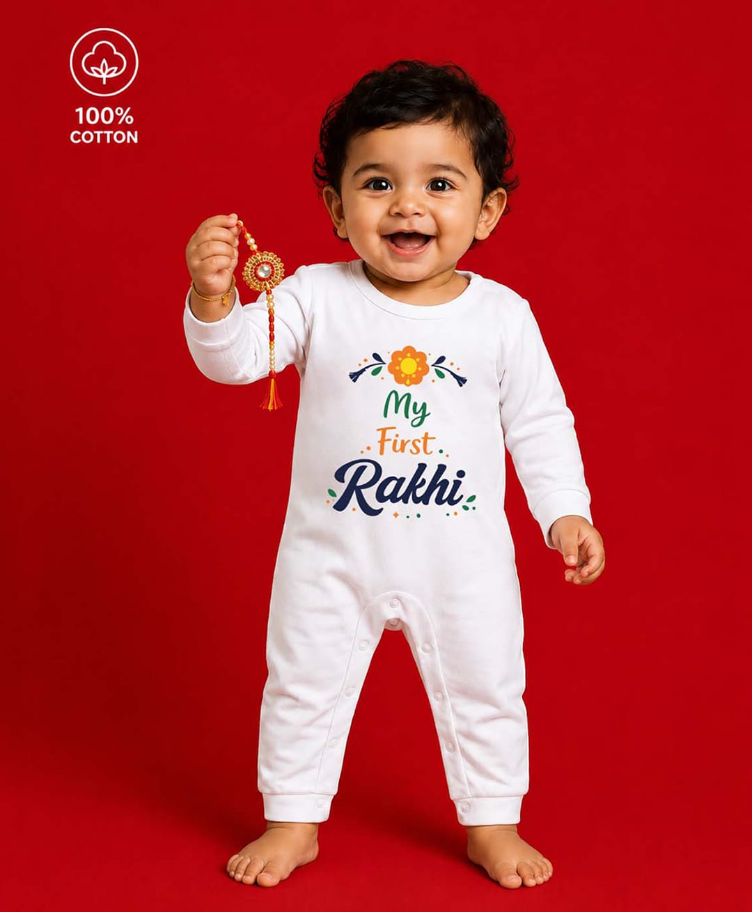 BLUSHES 100% Cotton Knit Raksha Bandhan Theme Full Sleeves My First Rakhi Text Printed Romper - White-picture-47