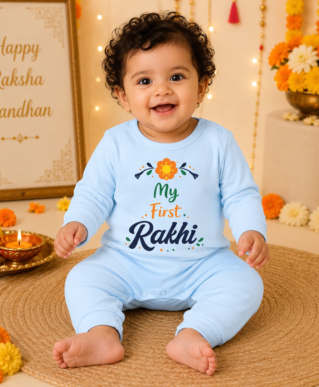 BLUSHES 100% Cotton Knit Raksha Bandhan Theme Full Sleeves My First Rakhi Text Printed Romper - Aqua Blue-picture-2