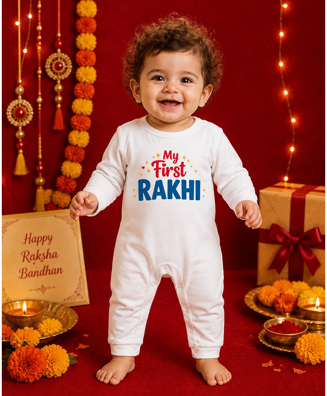 BLUSHES 100% Cotton Knit Raksha Bandhan Theme Full Sleeves My First Rakhi Text Printed Romper - White-picture-4