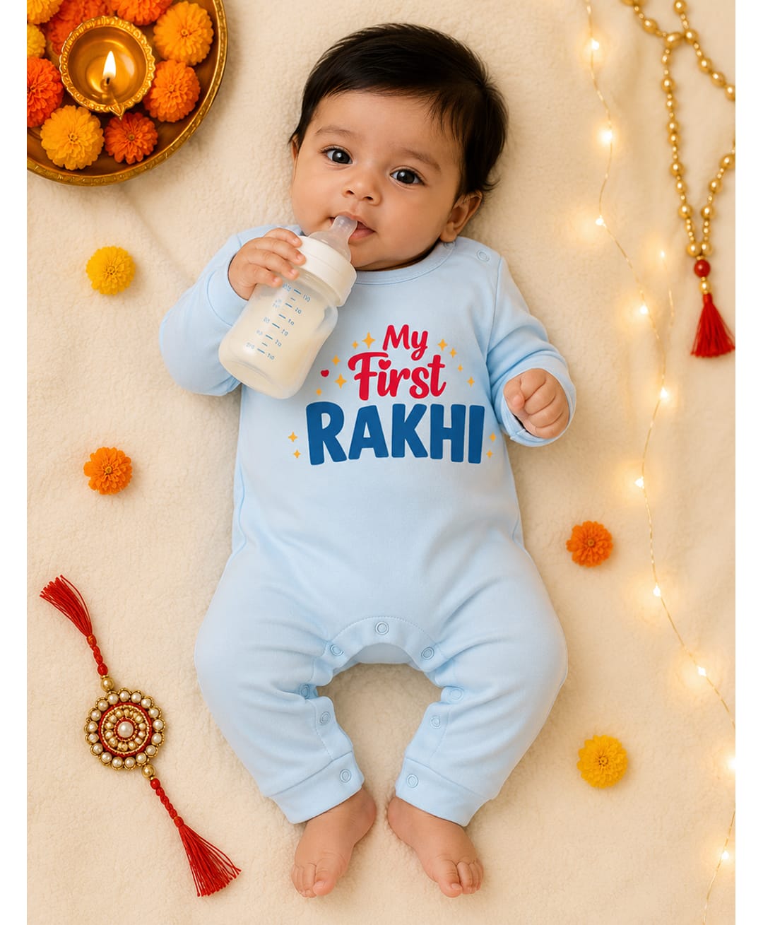 BLUSHES 100% Cotton Knit Raksha Bandhan Theme Full Sleeves My First Rakhi Text Printed Romper - Aqua Blue-picture-38