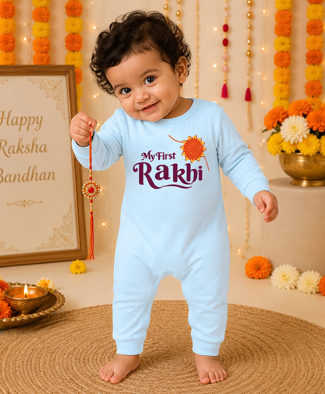 BLUSHES 100% Cotton Knit Raksha Bandhan Theme Full Sleeves My First Rakhi Text Printed Romper - Aqua Blue-picture-42
