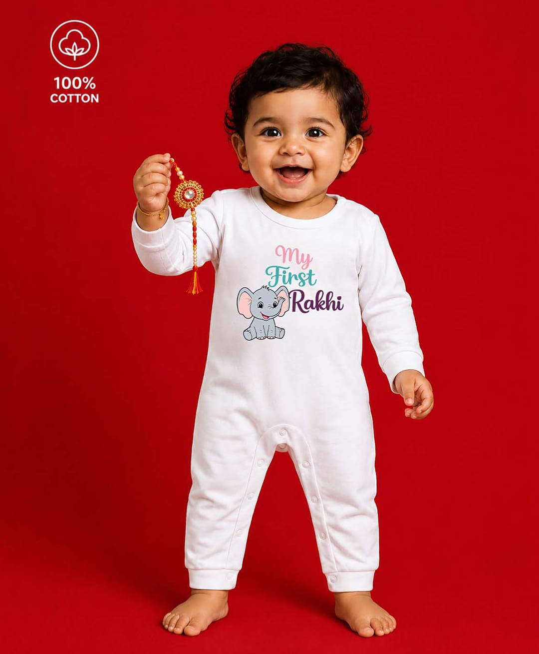 BLUSHES 100% Cotton Knit Raksha Bandhan Theme Full Sleeves My First Rakhi Text Printed Romper - White-picture-8