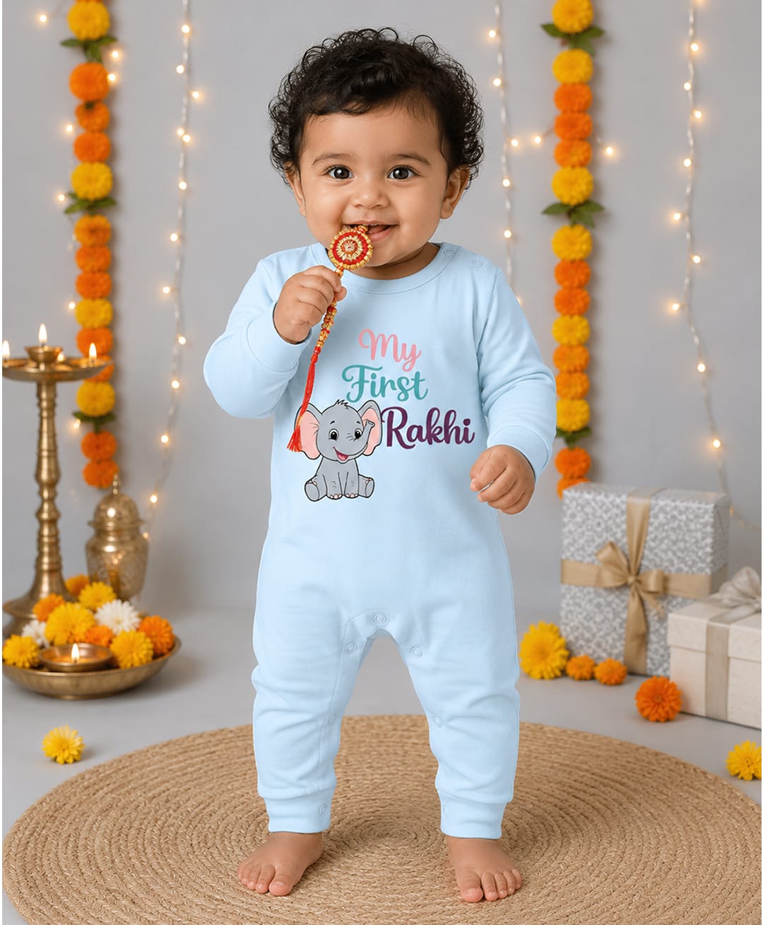 BLUSHES 100% Cotton Knit Raksha Bandhan Theme Full Sleeves My First Rakhi Text Printed Romper - Aqua Blue-picture-41