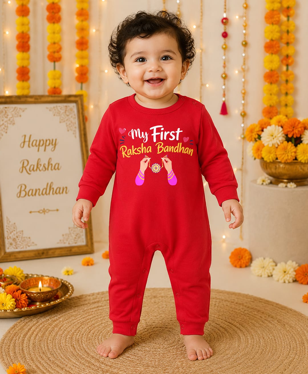 BLUSHES 100% Cotton Knit Raksha Bandhan Theme Full Sleeves My First Raksha Bandhan Text Printed Romper - Red-picture-0