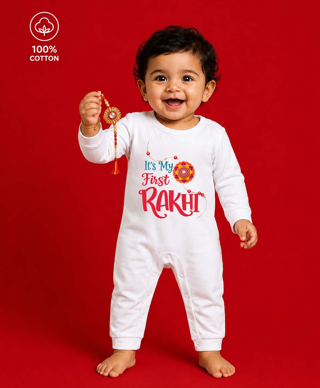 BLUSHES 100% Cotton Knit Raksha Bandhan Theme Full Sleeves Its My First Rakhi Text Printed Romper - White-picture-5