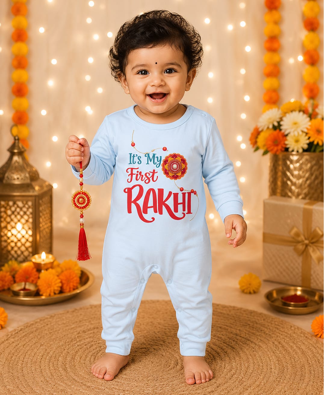 BLUSHES 100% Cotton Knit Raksha Bandhan Theme Full Sleeves Its My First Rakhi Text Printed Romper - Aqua Blue-picture-14