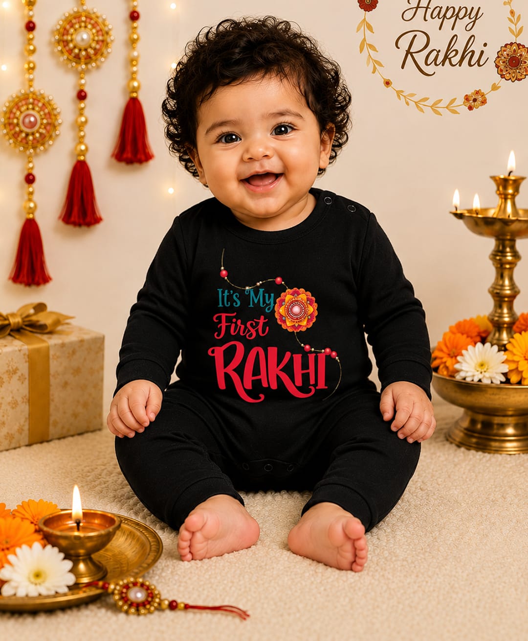 BLUSHES 100% Cotton Knit Raksha Bandhan Theme Full Sleeves Its My First Rakhi Text Printed Romper - Black-picture-6