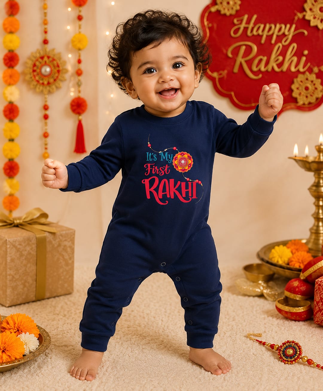 BLUSHES 100% Cotton Knit Raksha Bandhan Theme Full Sleeves Its My First Rakhi Text Printed Romper - Navy Blue-picture-15