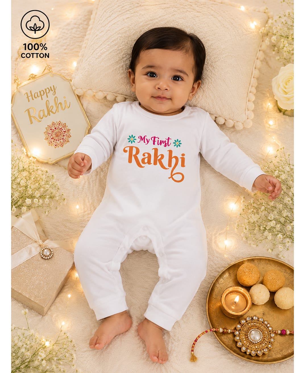 BLUSHES 100% Cotton Knit Raksha Bandhan Theme Full Sleeves My First Rakhi Text Printed Romper - White-picture-32