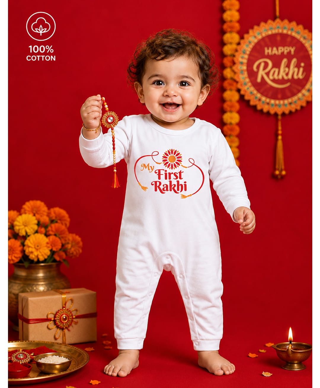 BLUSHES 100% Cotton Knit Raksha Bandhan Theme Full Sleeves My First Rakhi Text Printed Romper - White-image-14
