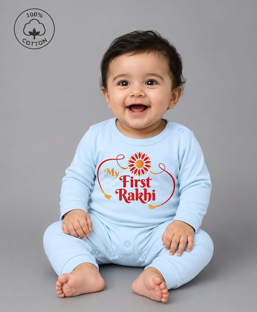 BLUSHES 100% Cotton Knit Raksha Bandhan Theme Full Sleeves My First Rakhi Text Printed Romper - Aqua Blue-picture-49