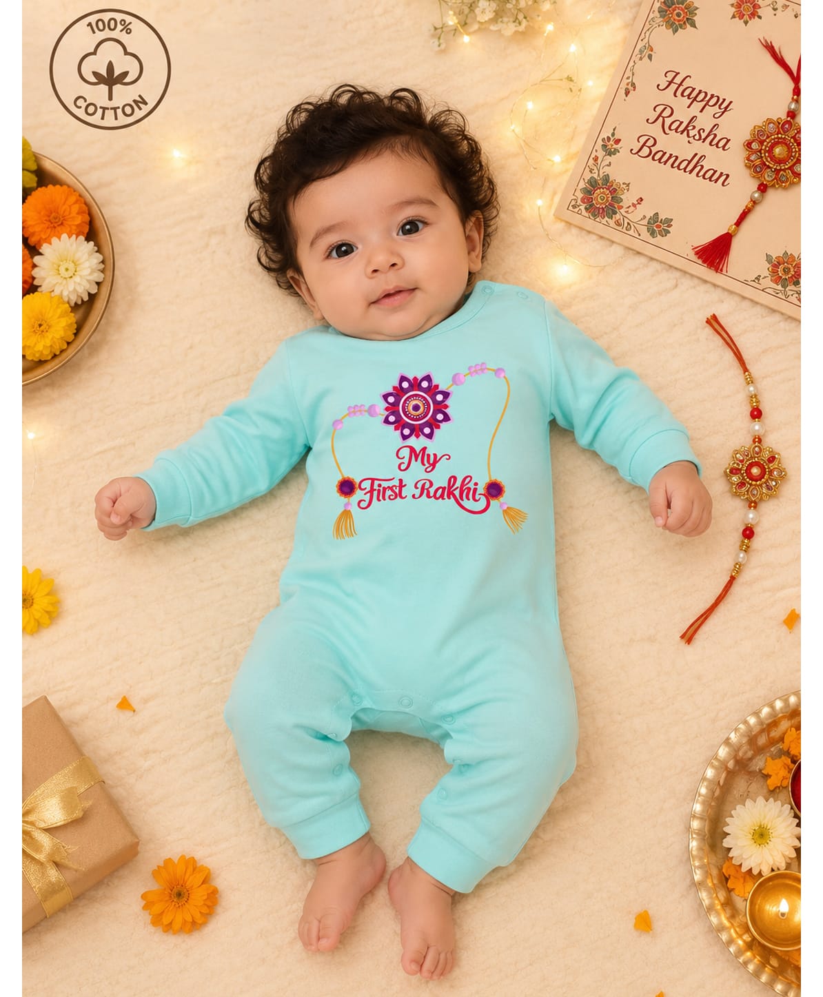 BLUSHES 100% Cotton Knit Raksha Bandhan Theme Full Sleeves My First Rakhi Text Printed Romper - Sea Green-picture-40