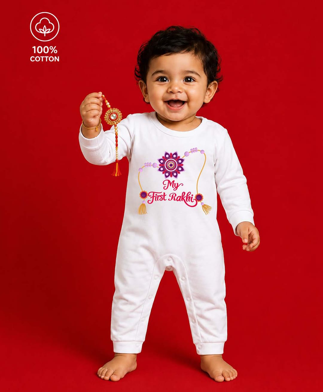 BLUSHES 100% Cotton Knit Raksha Bandhan Theme Full Sleeves My First Rakhi Text Printed Romper - White-picture-11