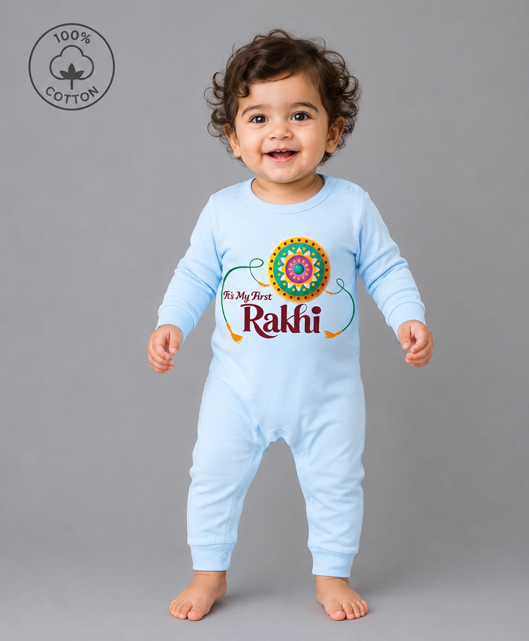 BLUSHES 100% Cotton Knit Raksha Bandhan Theme Full Sleeves Its My First Rakhi Text Printed Romper - Aqua Blue-picture-39