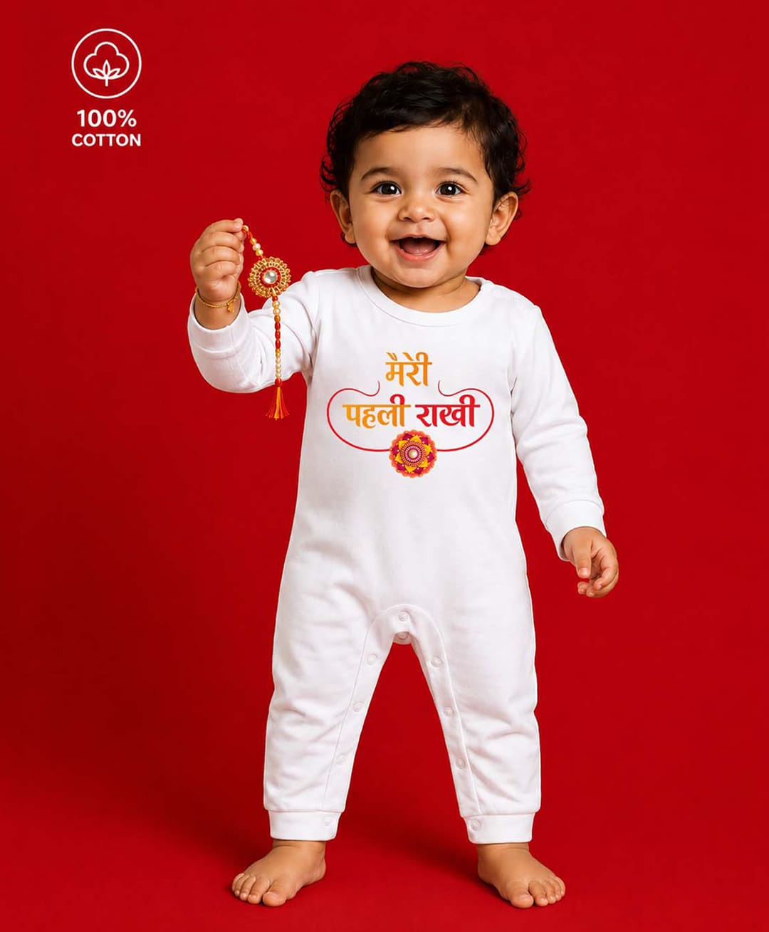 BLUSHES 100% Cotton Knit Raksha Bandhan Theme Full Sleeves Meri Pehli Rakhi Text Printed Romper - White-picture-15