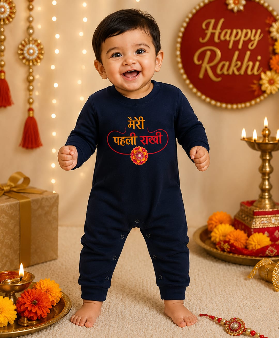 BLUSHES 100% Cotton Knit Raksha Bandhan Theme Full Sleeves Meri Pehli Rakhi Text Printed Romper - Navy Blue-picture-17