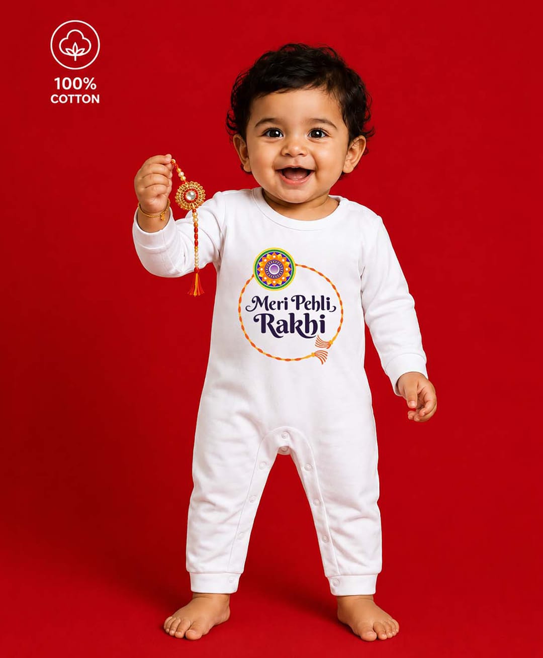 BLUSHES 100% Cotton Knit Raksha Bandhan Theme Full Sleeves Meri Pehli Rakhi Text Printed Romper - White-picture-0