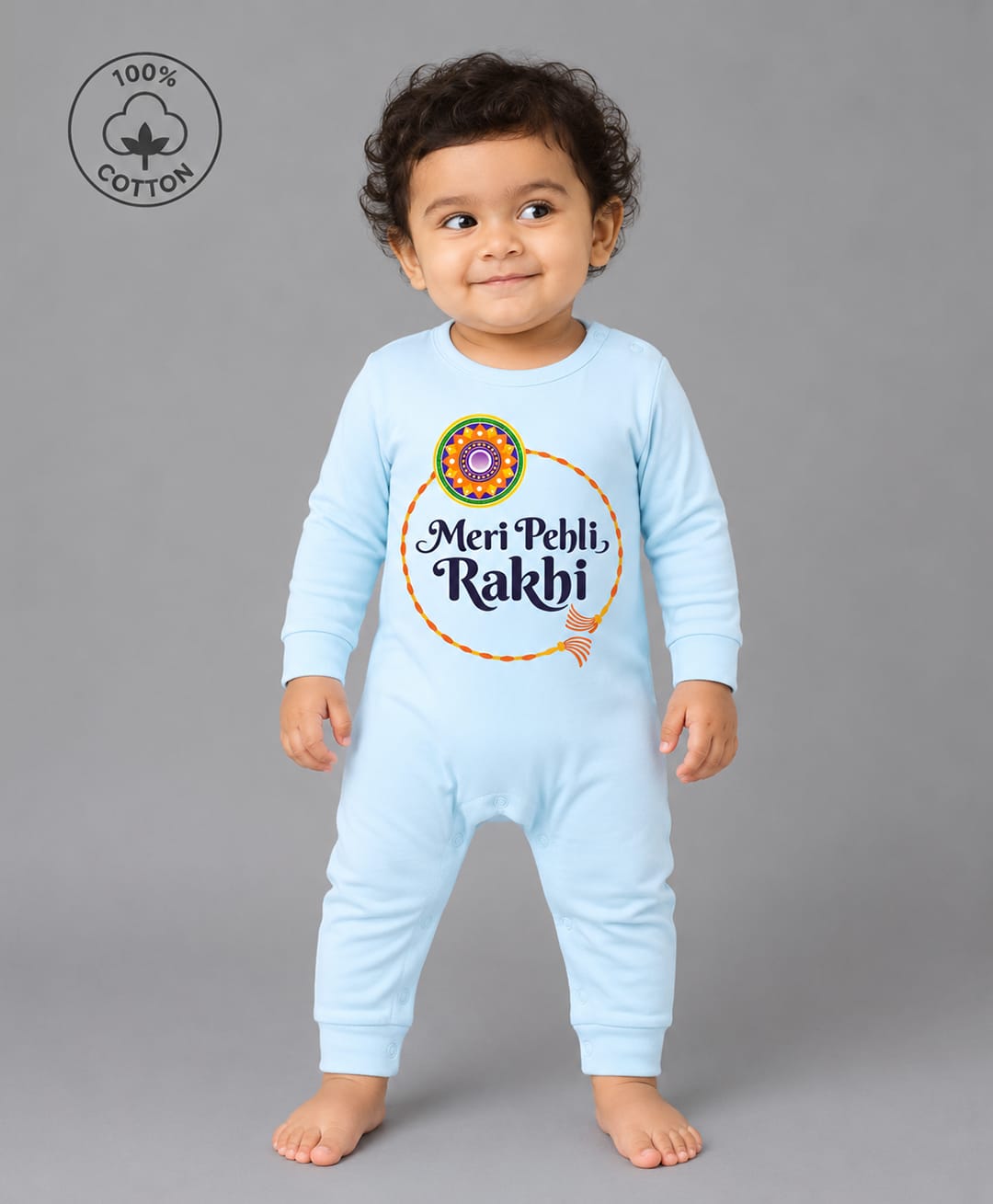 BLUSHES 100% Cotton Knit Raksha Bandhan Theme Full Sleeves Meri Pehli Rakhi Text Printed Romper - Aqua Blue-picture-28