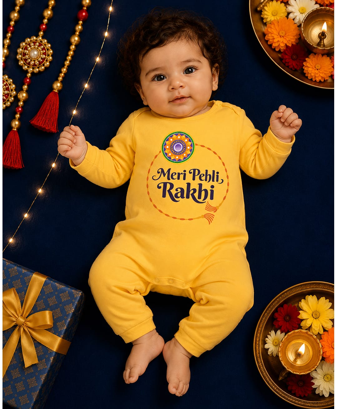 BLUSHES 100% Cotton Knit Raksha Bandhan Theme Full Sleeves Meri Pehli Rakhi Text Printed Romper - Yellow-picture-24