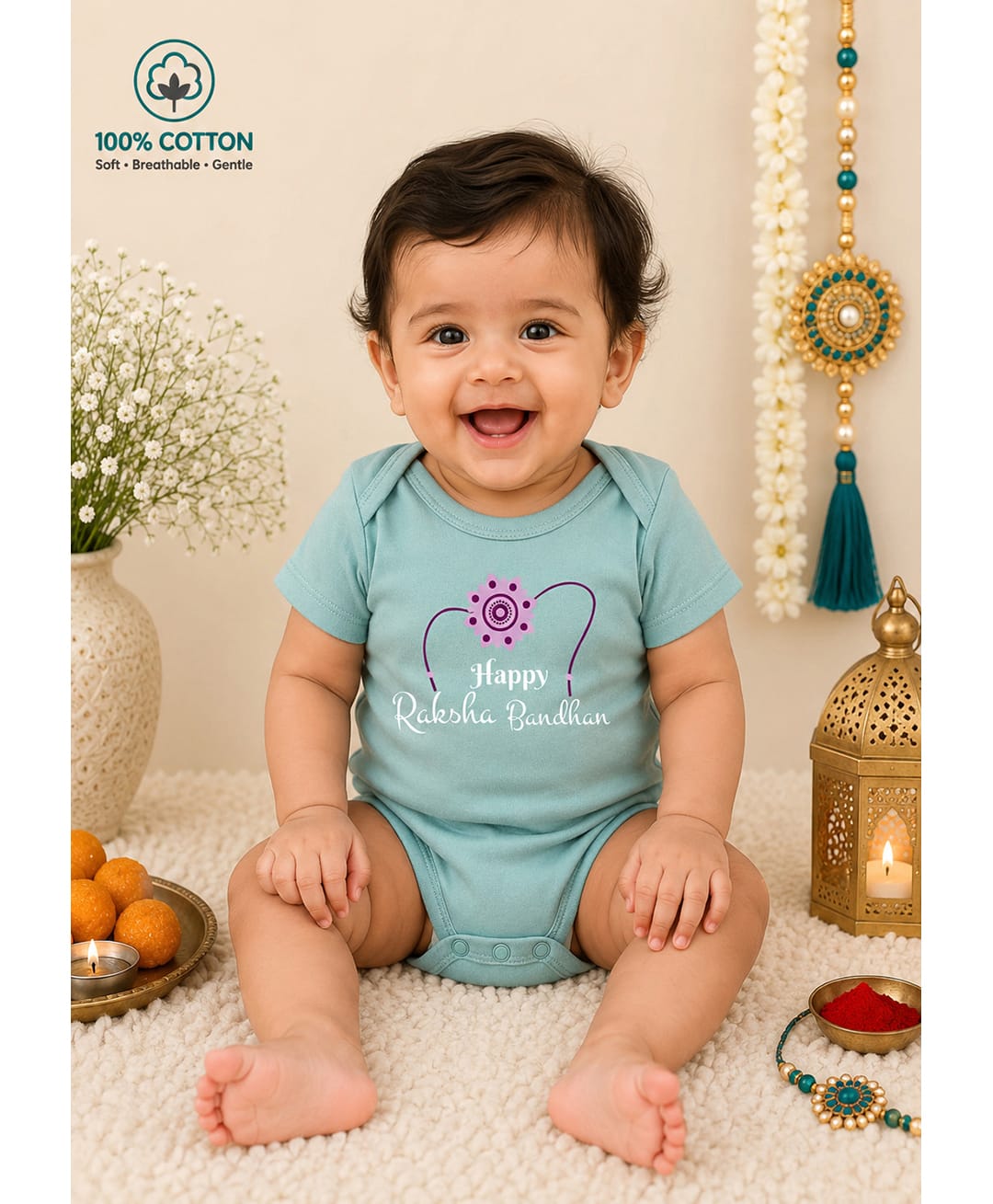 BLUSHES 100% Cotton Knit Raksha Bandhan Theme Half Sleeves Happy Raksha Bandhan Text Printed Onesie - Turquoise-picture-5