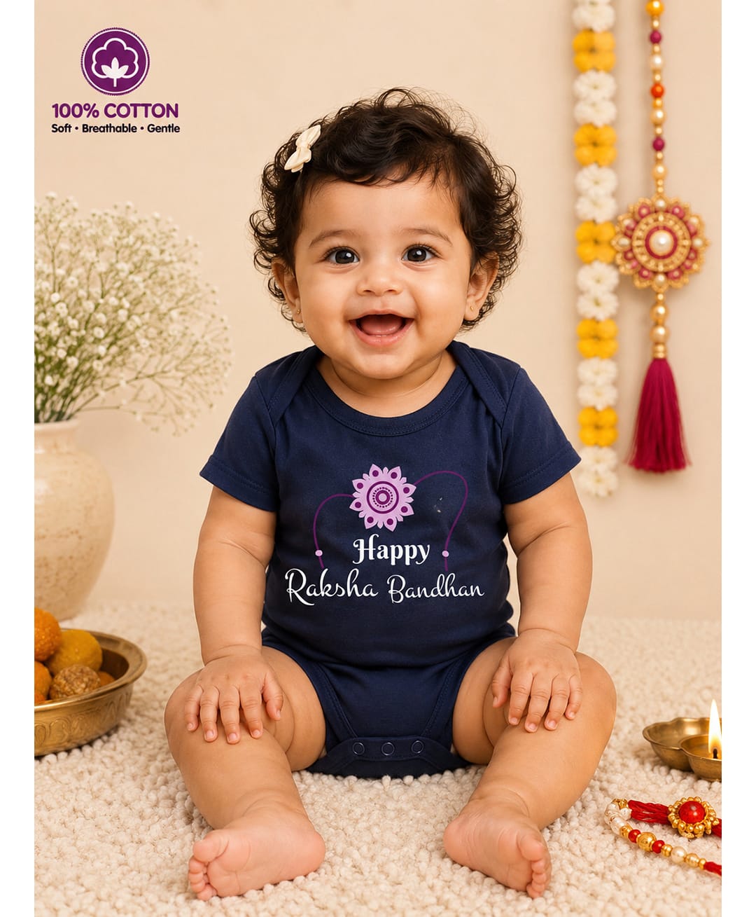 BLUSHES 100% Cotton Knit Raksha Bandhan Theme Half Sleeves Happy Raksha Bandhan Text Printed Onesie - Navy Blue-picture-15