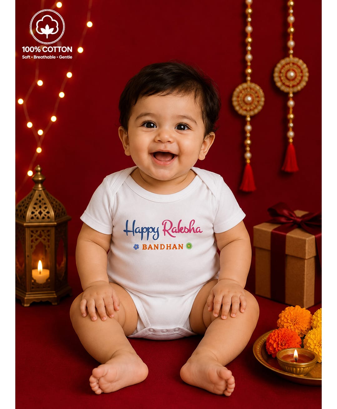 BLUSHES 100% Cotton Knit Raksha Bandhan Theme Half Sleeves Happy Raksha Bandhan Text Printed Onesie - White-picture-4