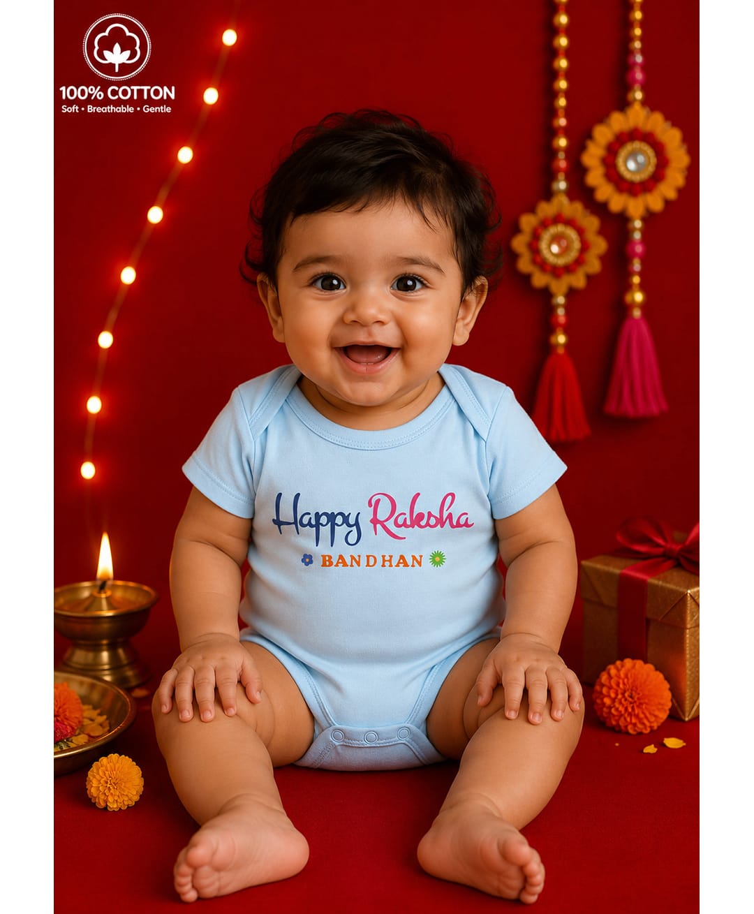 BLUSHES 100% Cotton Knit Raksha Bandhan Theme Half Sleeves Happy Raksha Bandhan Text Printed Onesie - Aqua Blue-picture-47