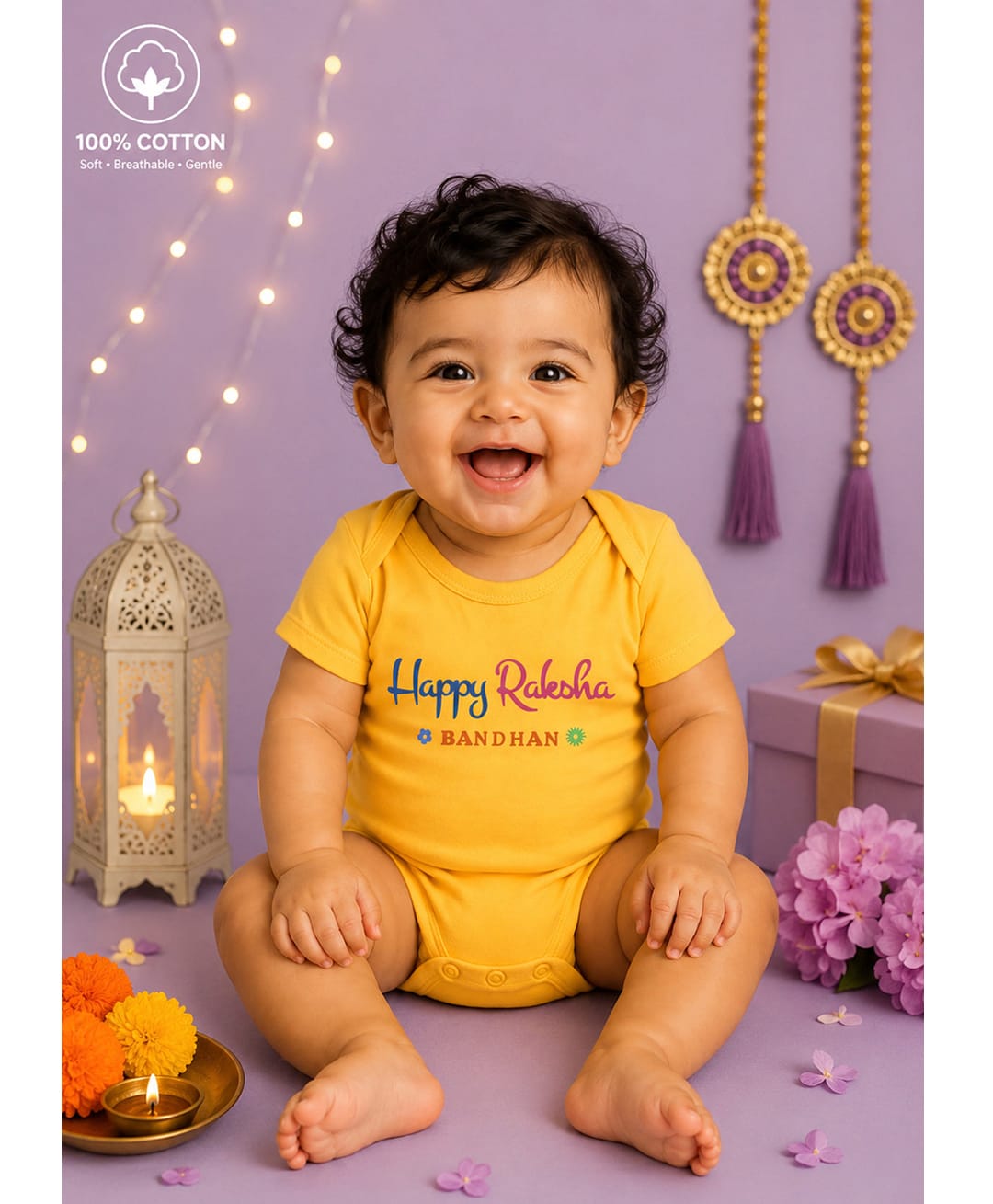 BLUSHES 100% Cotton Knit Raksha Bandhan Theme Half Sleeves Happy Raksha Bandhan Text Printed Onesie - Yellow-picture-18