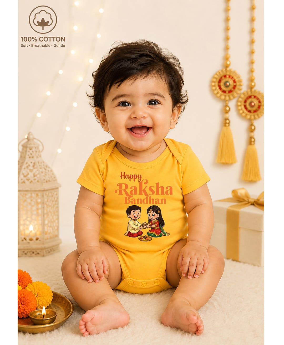BLUSHES 100% Cotton Knit Raksha Bandhan Theme Half Sleeves Happy Raksha Bandhan Text Printed Onesie - Yellow-picture-45