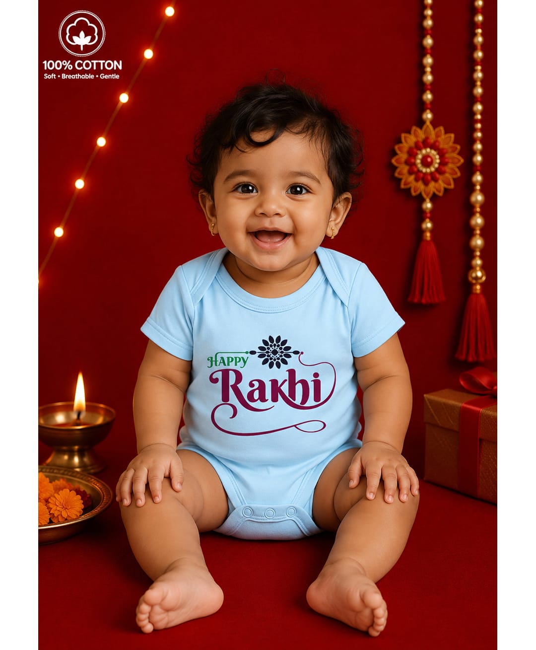 BLUSHES 100% Cotton Knit Raksha Bandhan Theme Half Sleeves Happy Rakhi Text Printed Onesie - Aqua Blue-picture-27