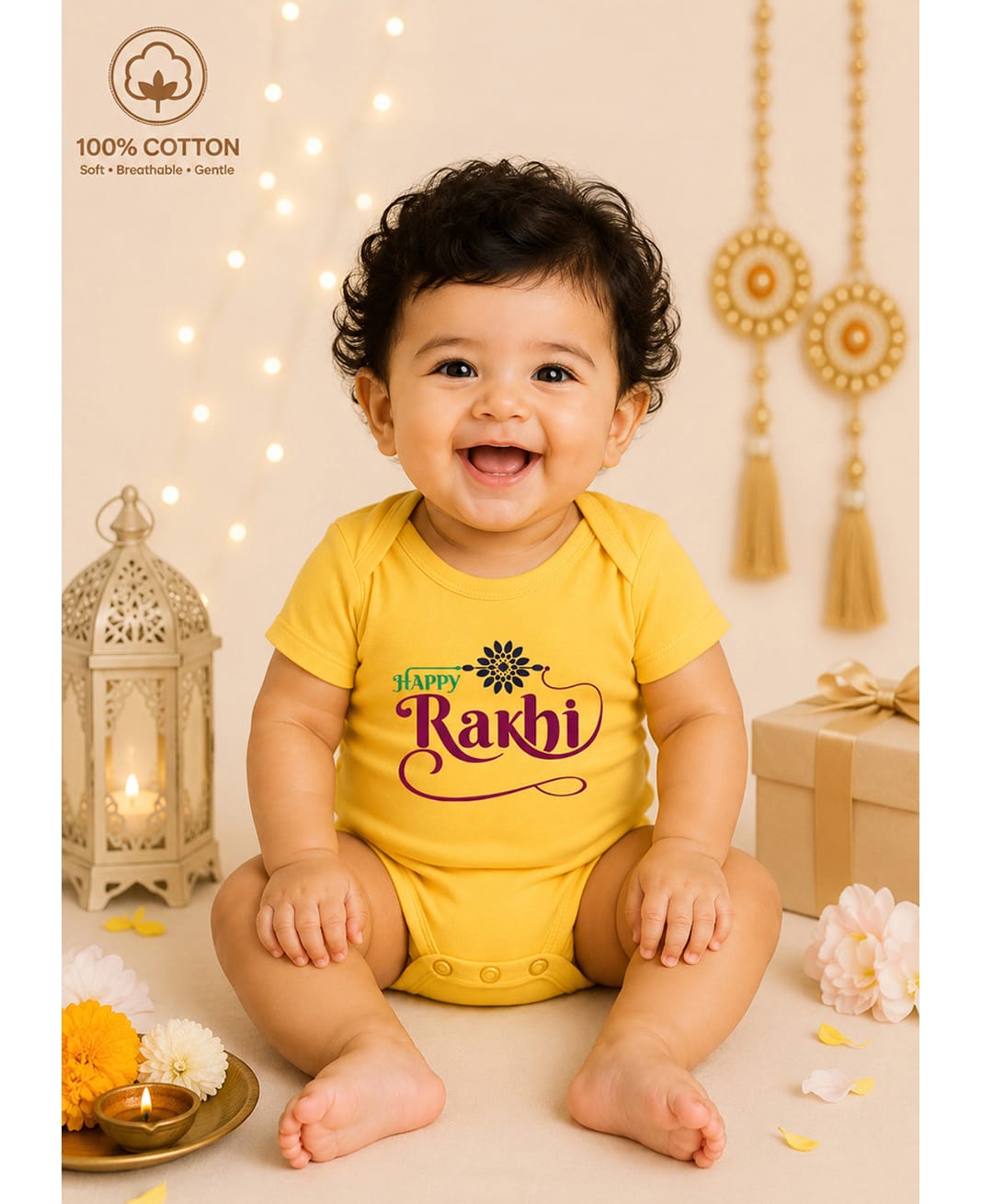 BLUSHES 100% Cotton Knit Raksha Bandhan Theme Half Sleeves Happy Rakhi Text Printed Onesie - Yellow-picture-42
