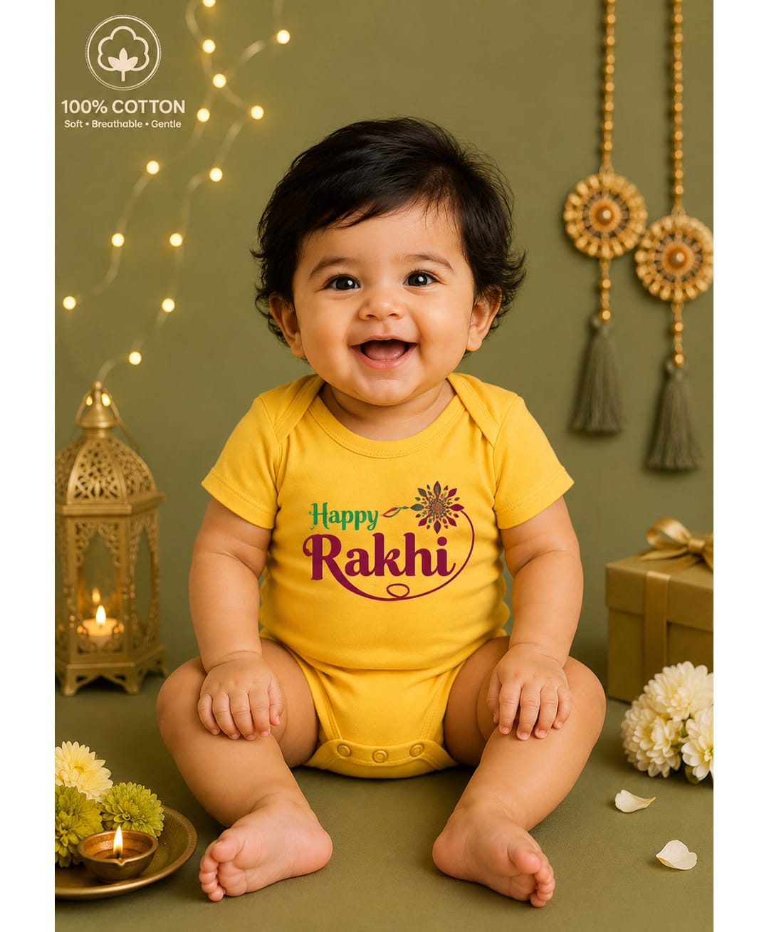BLUSHES 100% Cotton Knit Raksha Bandhan Theme Half Sleeves Happy Raksha Bandhan Text Printed Onesie - Yellow-picture-11