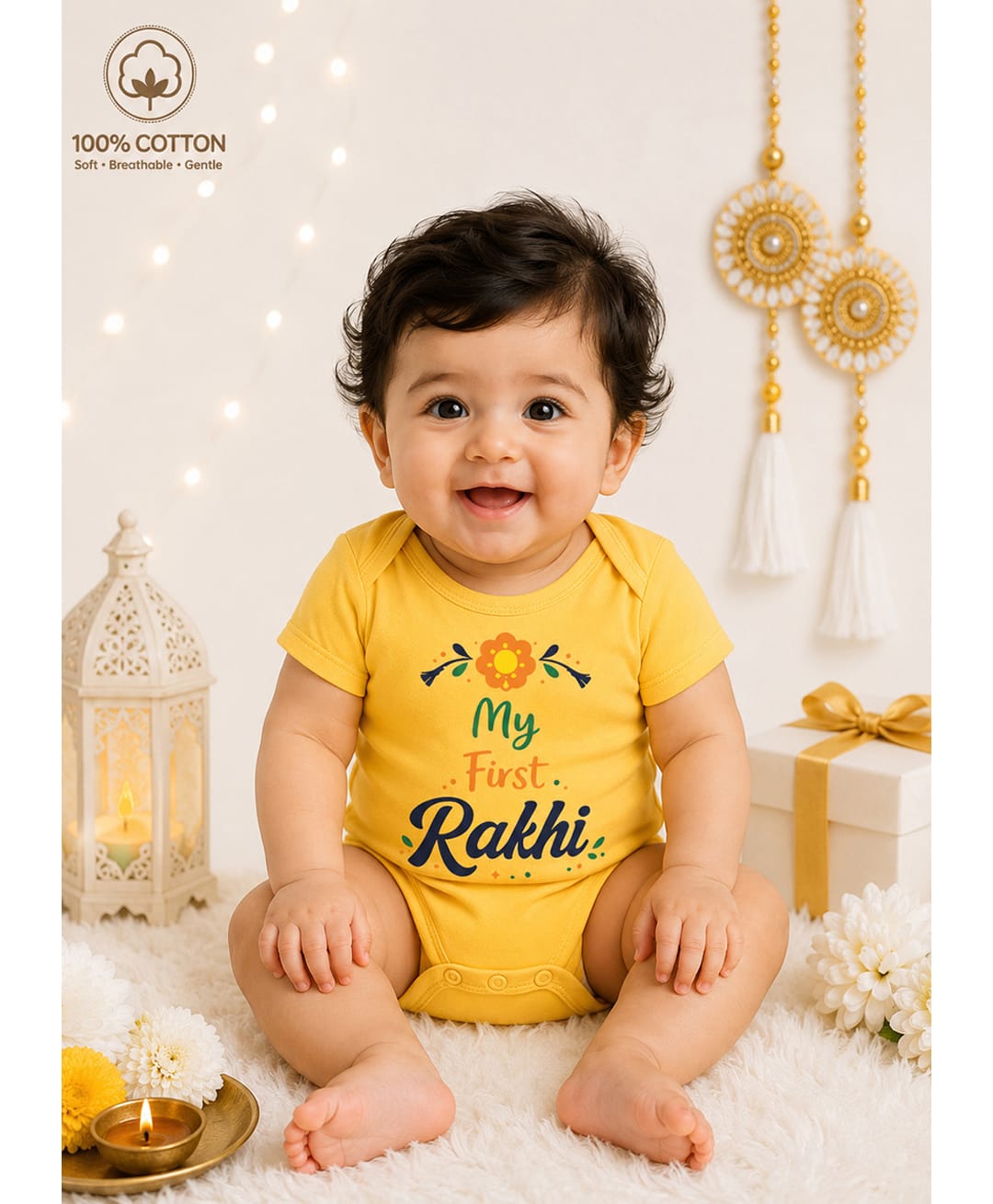 BLUSHES 100% Cotton Knit Raksha Bandhan Theme Half Sleeves My First Rakhi Text Printed Onesie - Yellow-picture-20