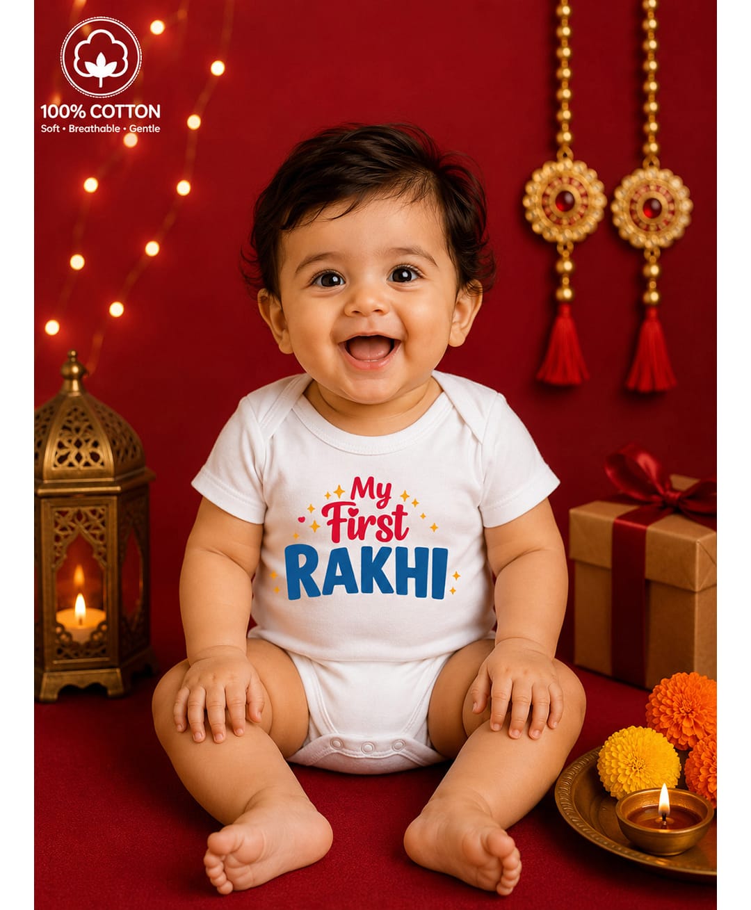 BLUSHES 100% Cotton Knit Raksha Bandhan Theme Half Sleeves My First Rakhi Text Printed Onesie - White-picture-38