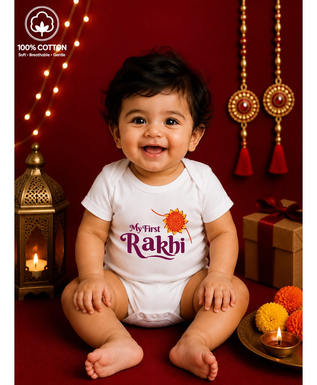 BLUSHES 100% Cotton Knit Raksha Bandhan Theme Half Sleeves My First Rakhi Text Printed Onesie - White-picture-15