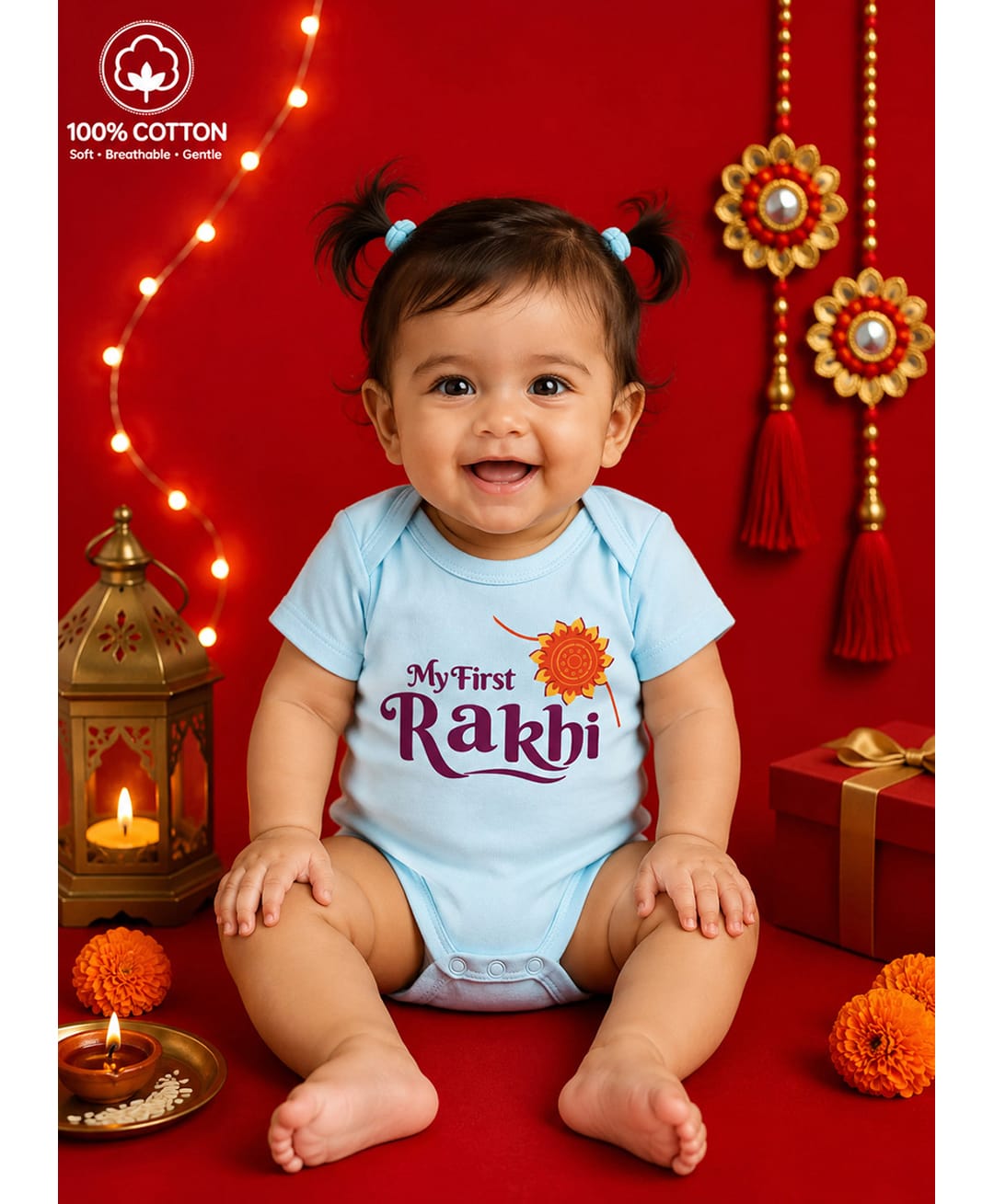 BLUSHES 100% Cotton Knit Raksha Bandhan Theme Half Sleeves My First Rakhi Text Printed Onesie - Aqua Blue-picture-35