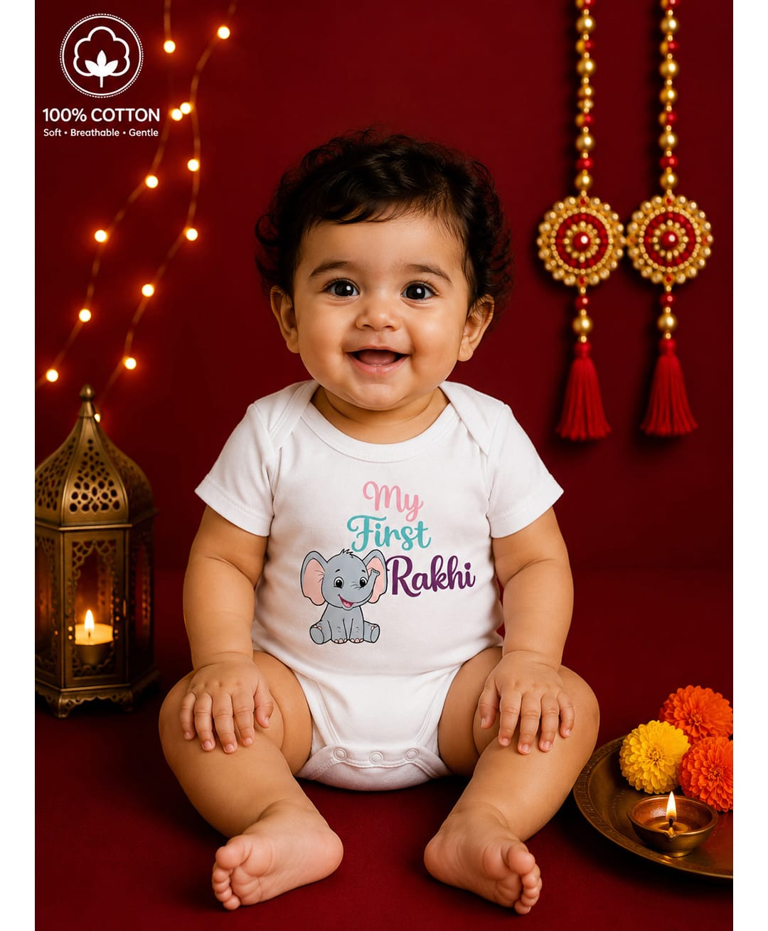 BLUSHES 100% Cotton Knit Raksha Bandhan Theme Half Sleeves My First Rakhi Text Printed Onesie - White-picture-5