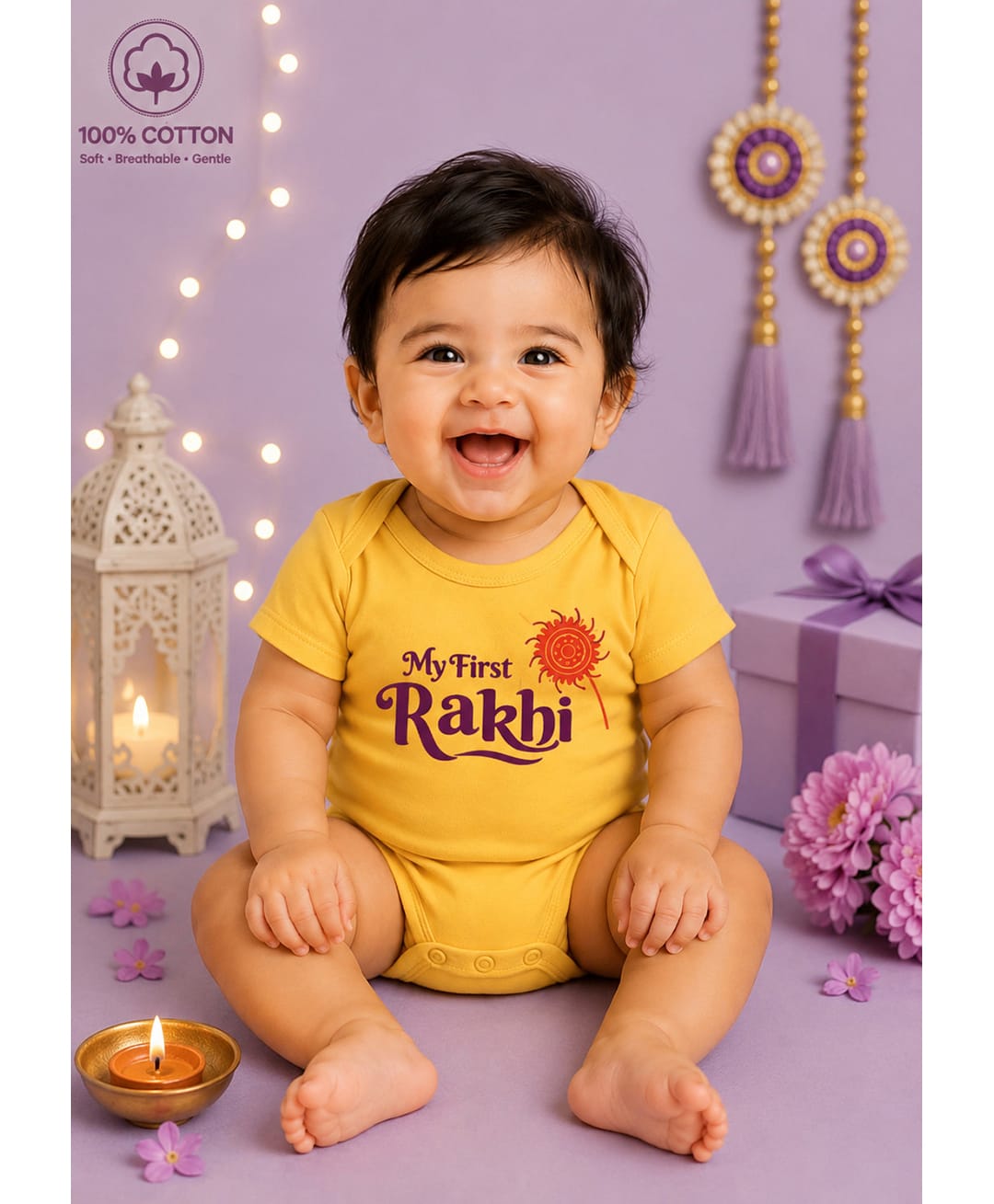 BLUSHES 100% Cotton Knit Raksha Bandhan Theme Half Sleeves My First Rakhi Text Printed Onesie - Yellow-picture-25
