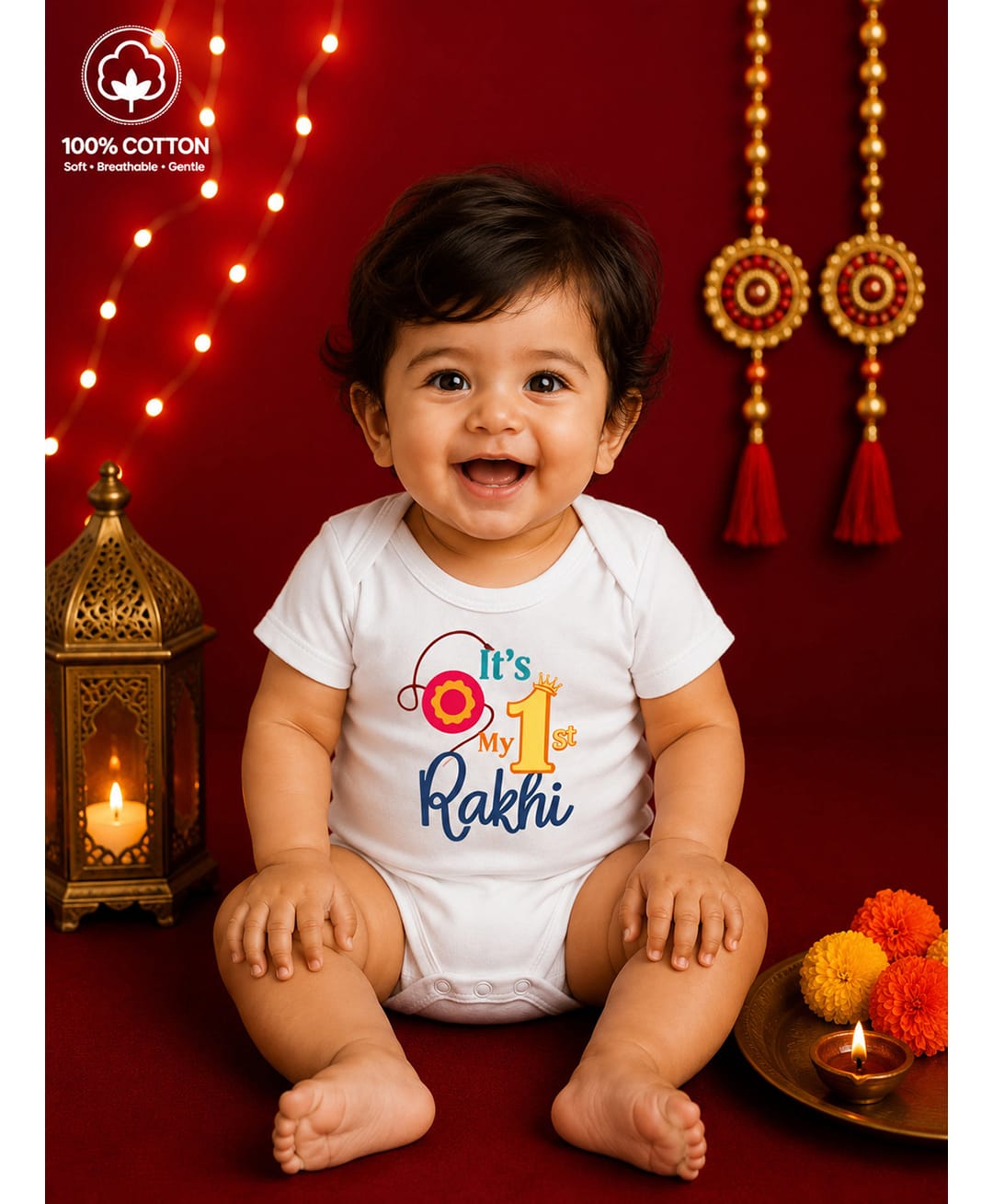 BLUSHES 100% Cotton Knit Raksha Bandhan Theme Half Sleeves Its My 1st Rakhi Text Printed Onesie - White-image-32