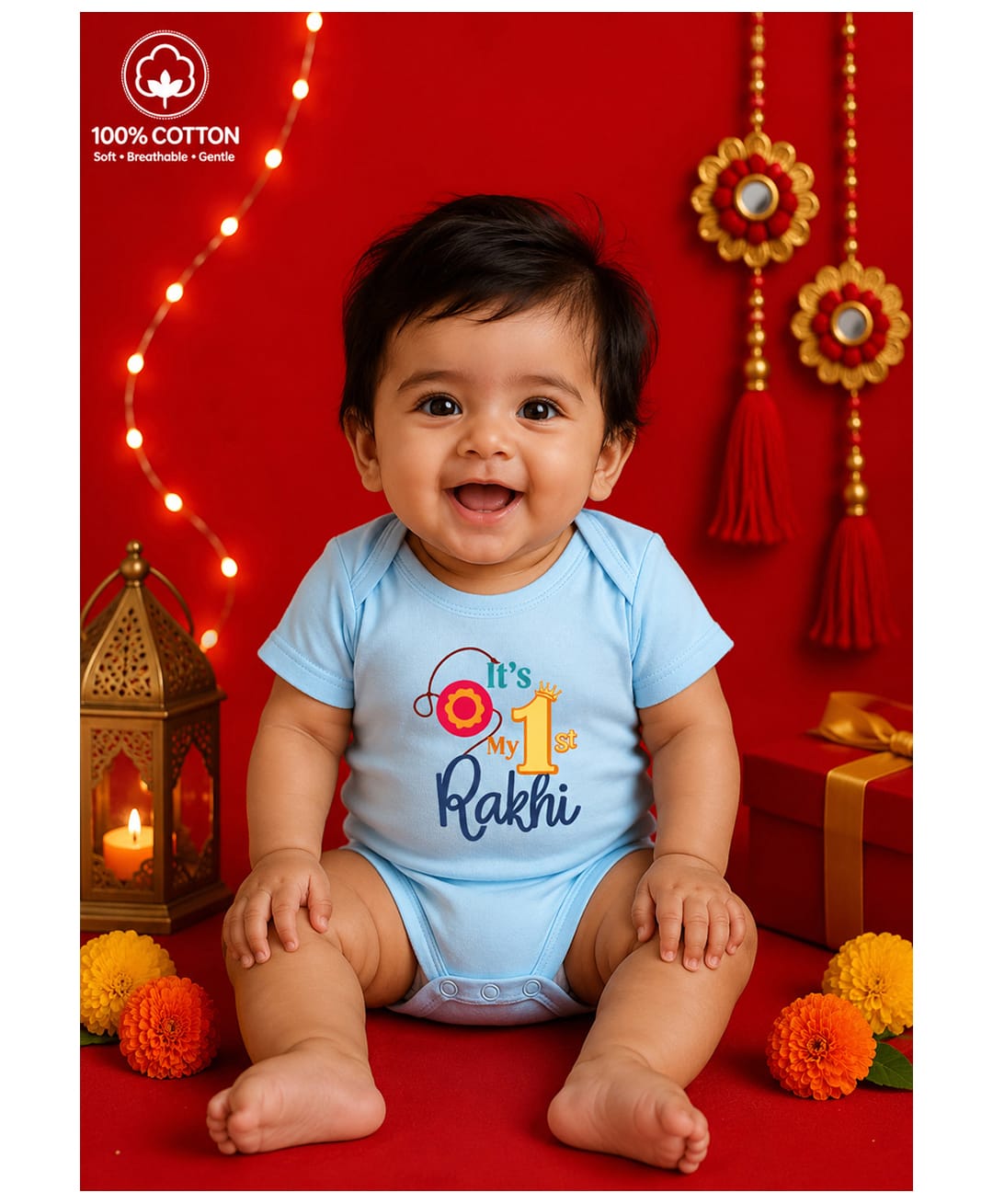 BLUSHES 100% Cotton Knit Raksha Bandhan Theme Half Sleeves Its My 1st Rakhi Text Printed Onesie - Aqua Blue-picture-49