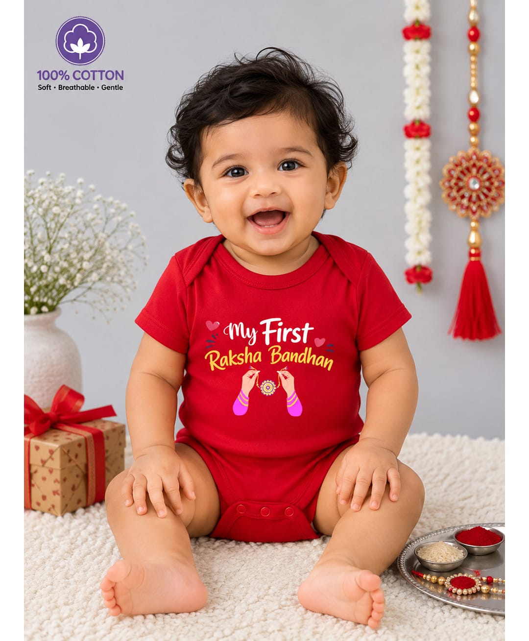 BLUSHES 100% Cotton Knit Raksha Bandhan Theme Half Sleeves My First Raksha Bandhan Text Printed Onesie - Red-picture-46
