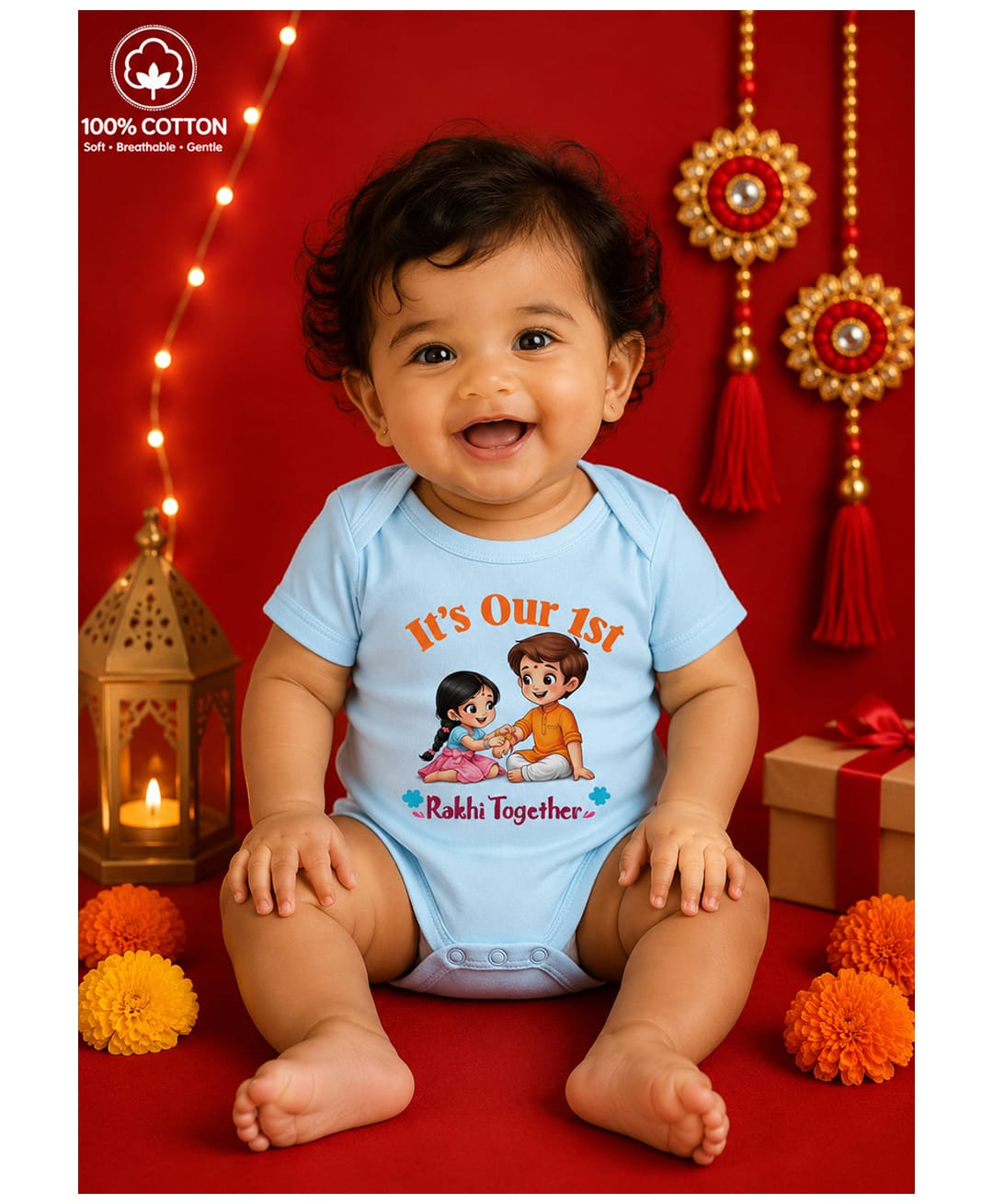 BLUSHES 100% Cotton Knit Raksha Bandhan Theme Half Sleeves Its Our First Rakhi Together Text Printed Onesie - Aqua Blue-picture-20
