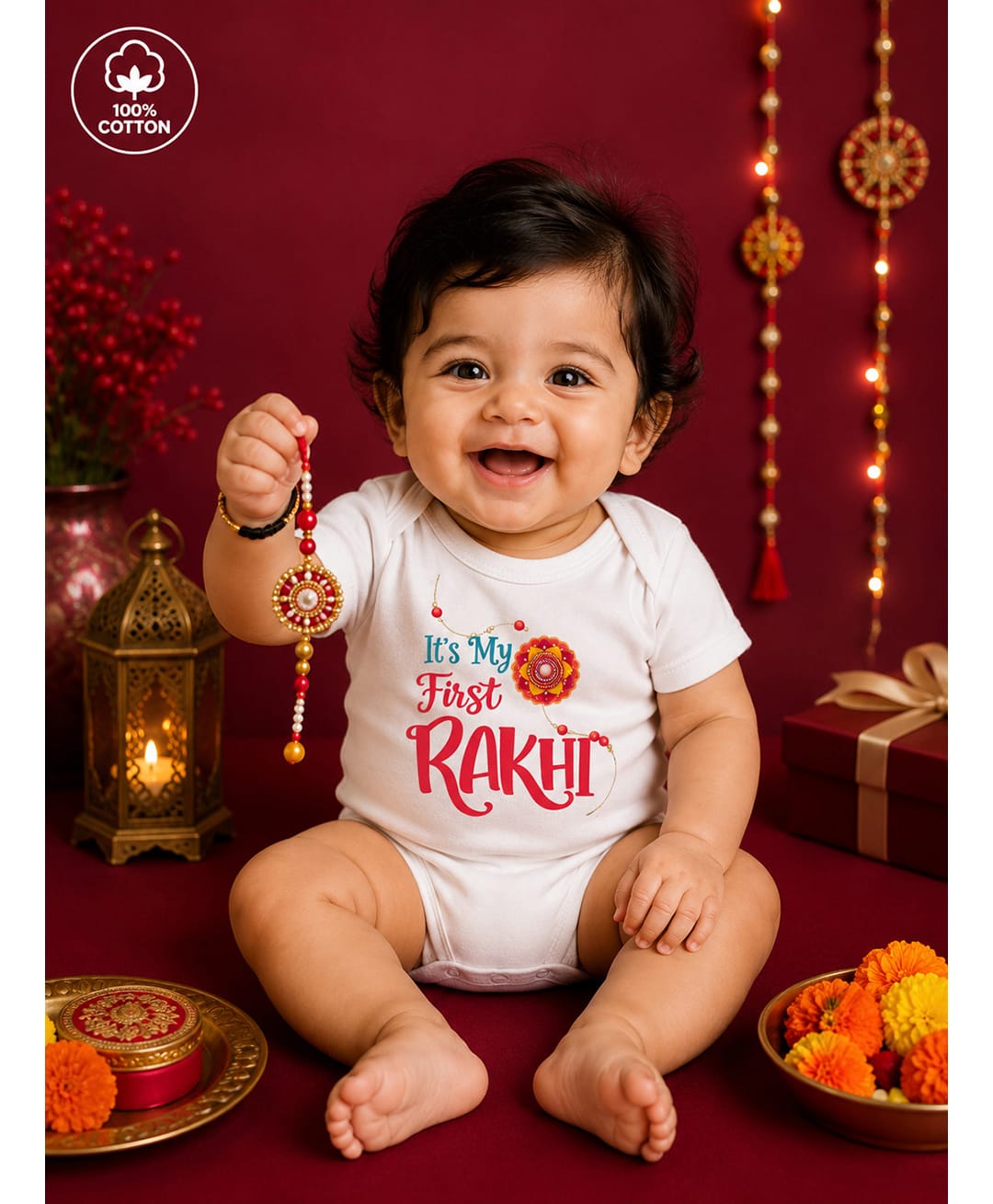 BLUSHES 100% Cotton Knit Raksha Bandhan Theme Half Sleeves Its My First Rakhi Text Printed Onesie - White-picture-23